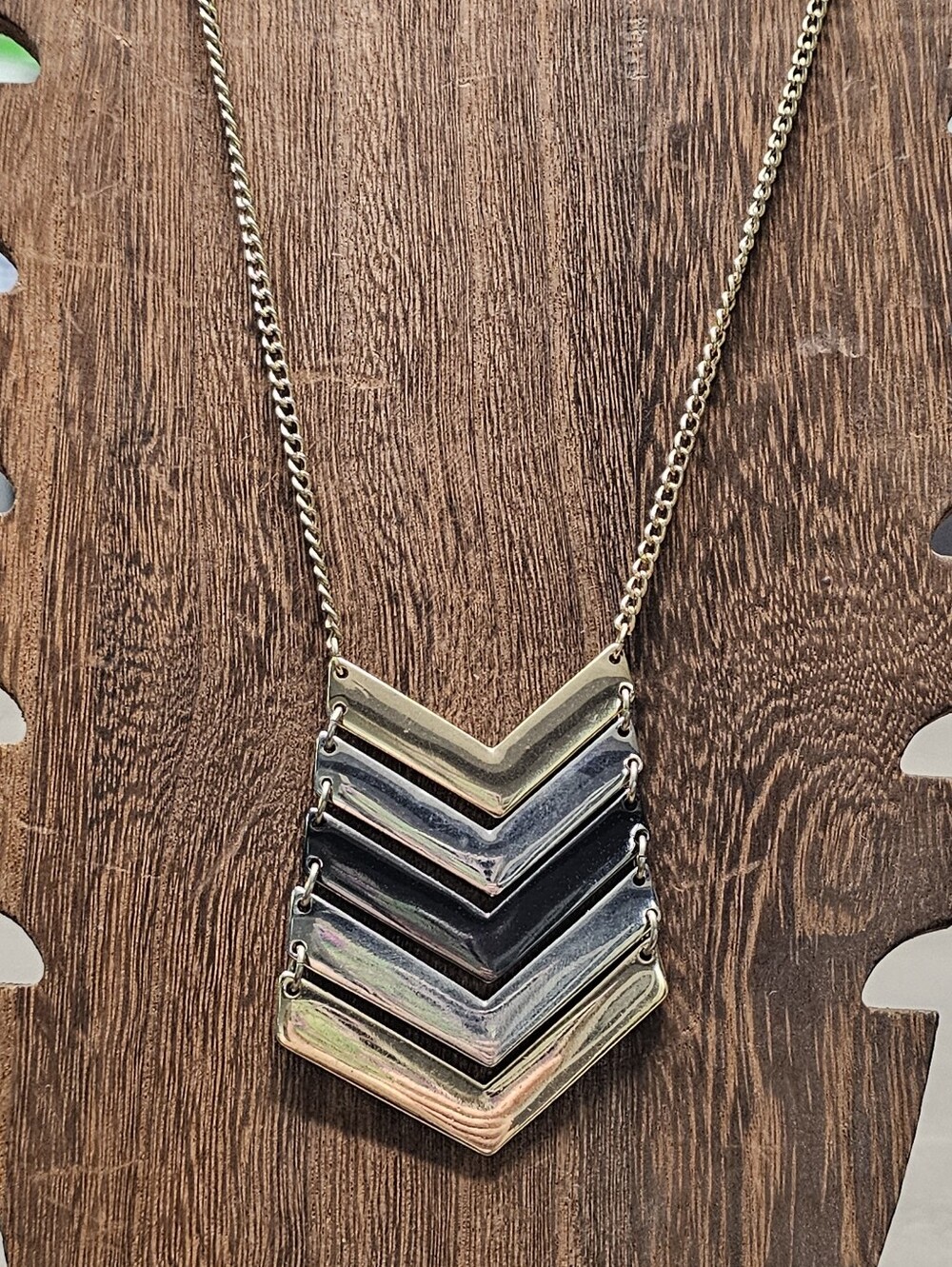 Express Mixed Metal Chevron Statement Necklace Geometric Bib Gold Silver Trio